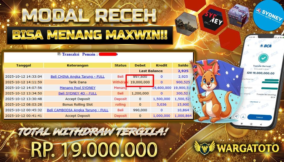 BUKTI JACKPOT WARGATOTO 12 OKTOBER 2025 (Category: Desktops) located in Jakarta Barat. Submitted by wargatoto_official (Listing ID 1397902782, Image 1). Description: 🐉 INFO PEMENANG TERBARU – WARGATOTO 🐉 Hari ini ada kabar menggembirakan dari pasaran Sydney! Salah satu member WARGATOTO berhasil mencatatkan kemenangan sebesar Rp19.000.000,- hanya dari 2D Sydney 🎯 Main santai, tebak tepat, dan hasilnya langsung cair tanpa kendala 💸 Seperti bias