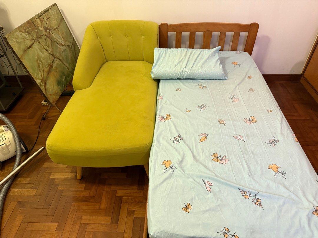 Computer Table (Category: Tables & Sets) located in Singapore. Submitted by impressiveness (Listing ID 1397963614, Image 3). Description: 1 PIANO and 6 FURNITURE FOR SALE: 1 Bed frame with blue mattress cover mattress and pillow (exactly like how it is in the picture) 2 Green Chaise sofa (exactly like how it is in the picture) 3 Greenish Old fashioned traditional table (exactly like how it is in the picture) 4 Brown stylish Modern mirror stand (e