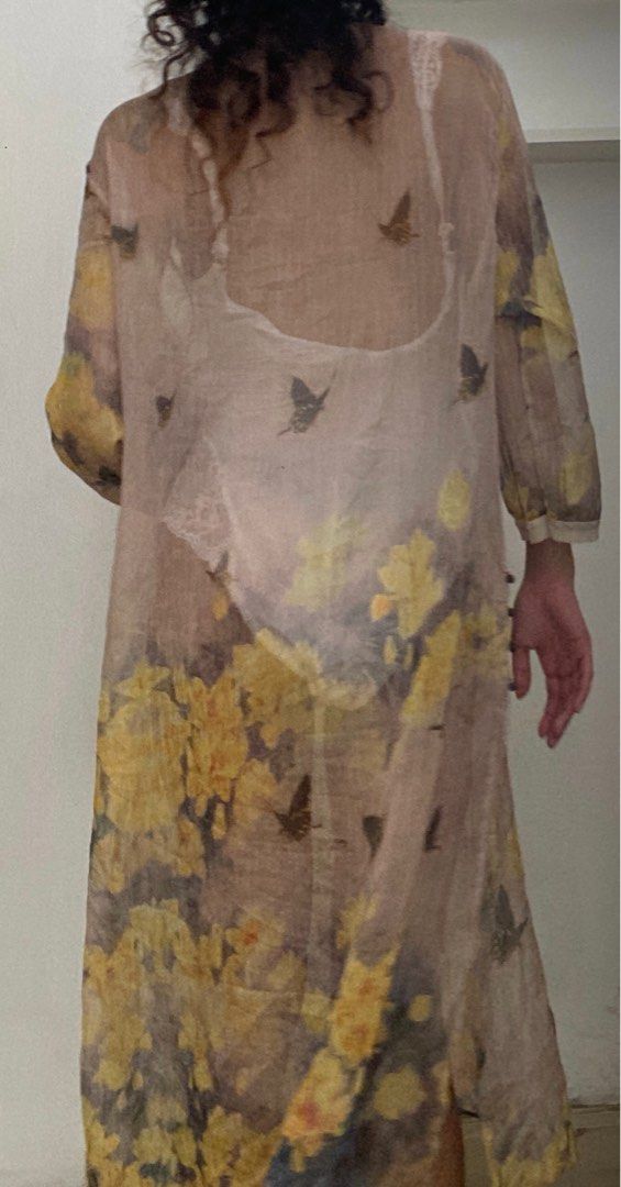 Floral Flower Kimono (Category: Coats, Jackets and Outerwear) located in Manila. Submitted by raspberryfurs (Listing ID 1397820859, Image 3). Description: - Floral and butterfly print - Long sleeves - Button-down front - Lightweight and sheer fabric - Relaxed fit - Long length - Color palette: Yellow, brown, beige.