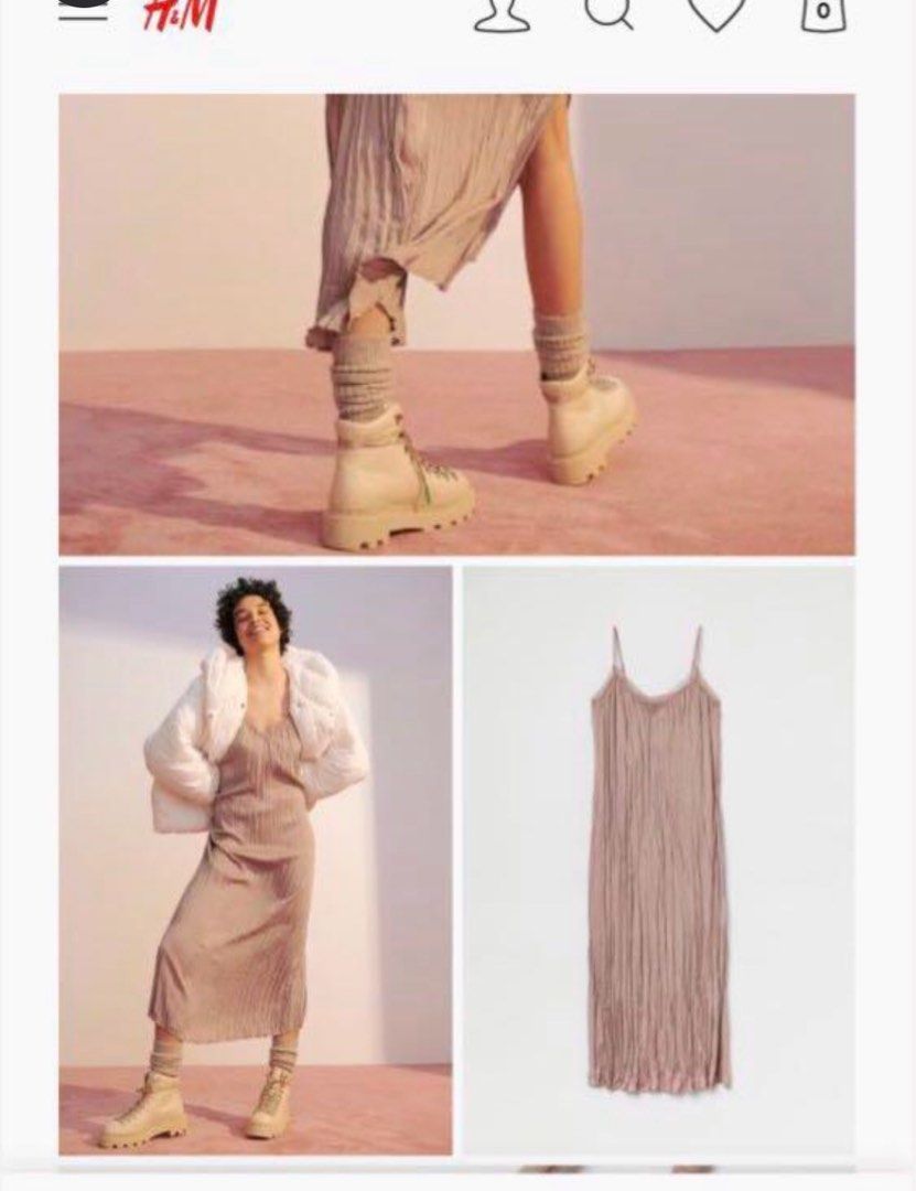 H&M Cami Slip Maxi Dress (Category: Dresses) located in Mandaluyong City. Submitted by dmpsy (Listing ID 1397891446, Image 1). Description: Worn twice for parties Size Reference On Tag: XS but fits up to Medium My height: 5’1 (for reference) Model in photo height 5’10 Material: Polyester 100% Color: Light Greige Straight-cut, calf-length dress in a crinkled weave with narrow, adjustable shoulder straps, a lace-trimmed V-neck and high slits in the