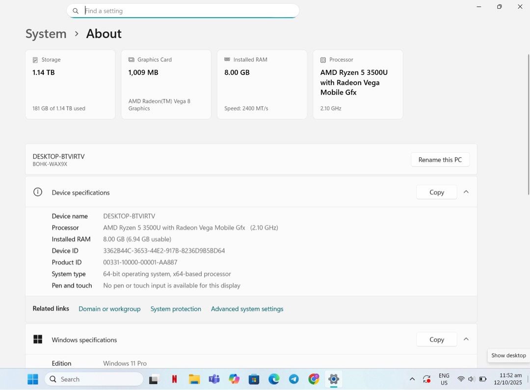 Huawei Laptop AMD Ryzen 5 3500U (Category: Laptops & Notebooks) located in Manila. Submitted by cceremonia86210 (Listing ID 1397807574, Image 3). Description: - Huawei Laptop - AMD Ryzen 5 3500U Processor - 8GB RAM - 1.14TB Storage - AMD Radeon Vega Mobile Gfx - Windows 11 Pro - Condition: Screen has vertical lines and touchpad has a mark..