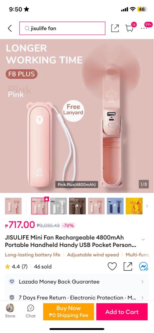 JISULIFE pink fan with flashlight (Category: Fans) located in Pasig City. Submitted by skydecluttering (Listing ID 1397925617, Image 1). Description: please read!!! no box & charger included.