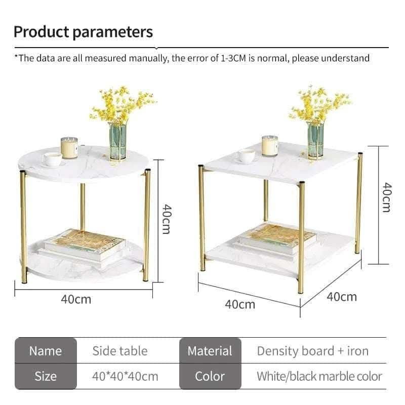 Marble Top Side Table with Gold Frame (Category: Tables & Sets) located in Manila. Submitted by lyfrancois14 (Listing ID 1397848457, Image 3). Description: - Stylish side table - White marble top with gold metal frame - Two-tier design - Dimensions: 40cm x 40cm x 40cm - Ideal for living rooms or bedrooms - Color: White marble - Material: Density board and iron.