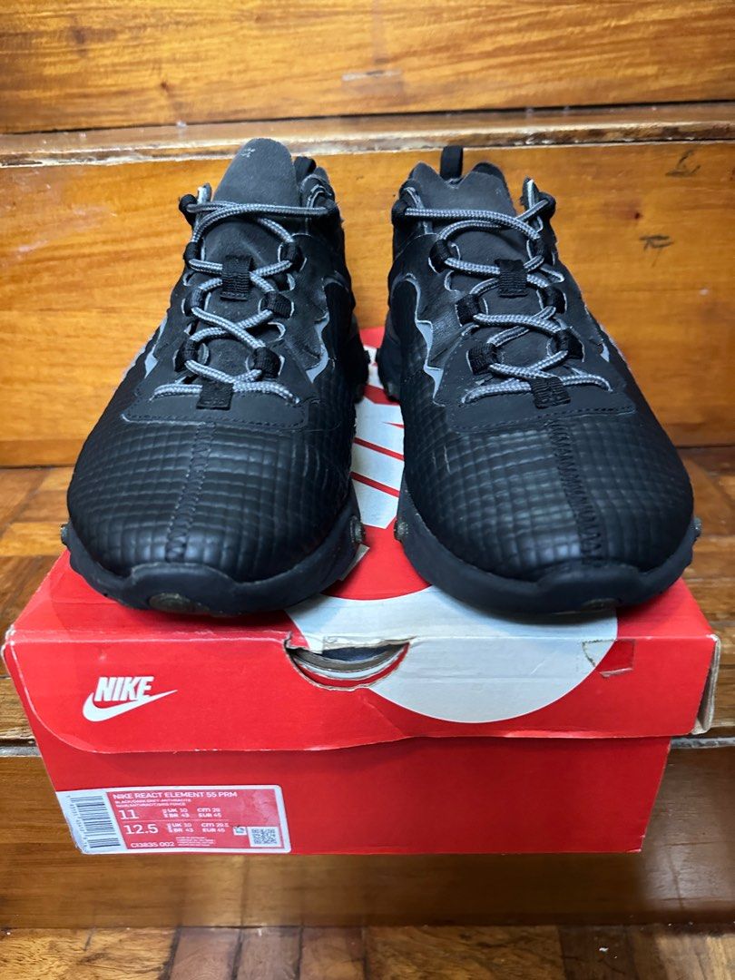 Nike React Element 55 Grid Black Dark Gray (Category: Sneakers) located in Las Pinas. Submitted by essentialsbyj (Listing ID 1397829680, Image 2). Description: Nike React Element 55 Grid Black Dark Gray Size: US 11 Condition: 8/10 Sole is still intact Still very comfortable preloved pair Issues: Signs of usage, has some scratches on the side of both pairs, minor sole sep in the medial portion of the right shoe (reglued already) All sales final no