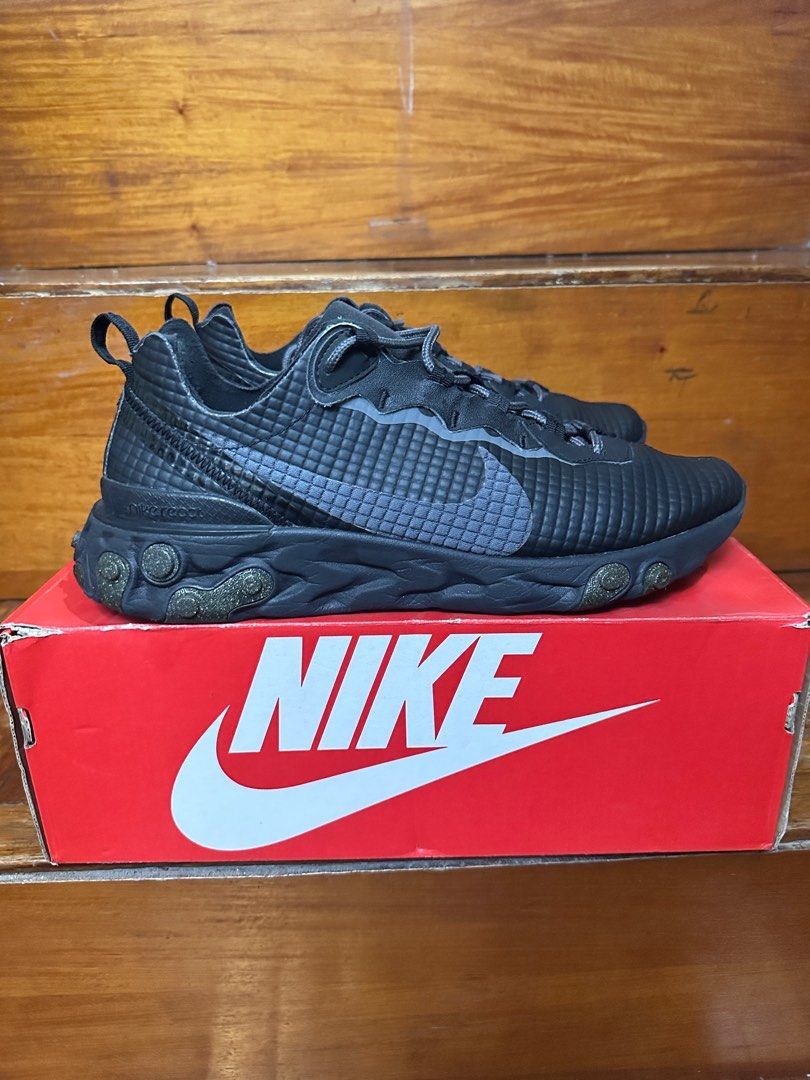 Nike React Element 55 Grid Black Dark Gray (Category: Sneakers) located in Las Pinas. Submitted by essentialsbyj (Listing ID 1397829680, Image 1). Description: Nike React Element 55 Grid Black Dark Gray Size: US 11 Condition: 8/10 Sole is still intact Still very comfortable preloved pair Issues: Signs of usage, has some scratches on the side of both pairs, minor sole sep in the medial portion of the right shoe (reglued already) All sales final no