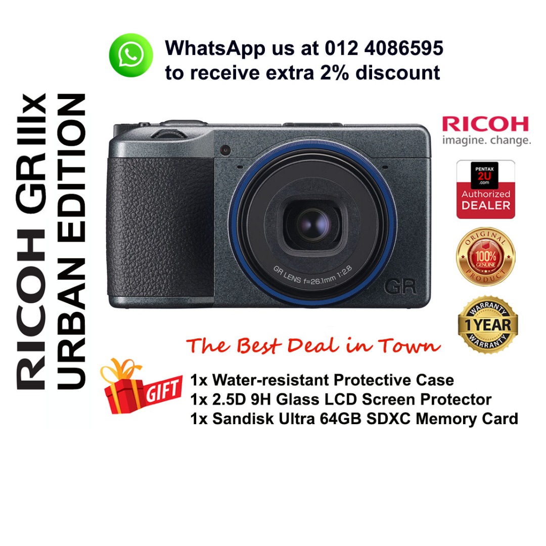 2022 Ricoh GR IIIx Urban Edition, Metallic Gray with Navy Blue, Digital Compact Camera with 24MP APS-C Size CMOS Sensor, (in The 35mm Format) (Renewed Premium