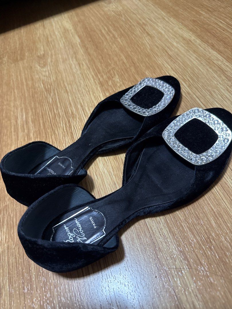 Roger Vivier Black Velvet Flats (Category: Flats & Sandals) located in Quezon City. Submitted by sbcarrot (Listing ID 1397825071, Image 3). Description: - Roger Vivier flats - Black velvet - Square crystal buckle - Open-vamp design - Size 36.5 - Made in Italy - Gently used, some wear on soles.