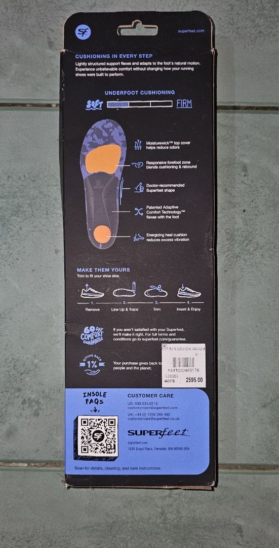 Superfeet Run Cushion Medium Arch Insoles (C) (Category: Shoe inserts & accessories) located in Cainta. Submitted by pastaye (Listing ID 1397932117, Image 2). Description: - Superfeet Run Cushion Medium Arch insoles. - Designed for running. - Provides cushioning and support. - Features a heel cup and foam comfort zone. - Flexible support design. - Trimmable for a perfect fit. RFS: Used once. Medium Arch is still too high for me, will have to swit