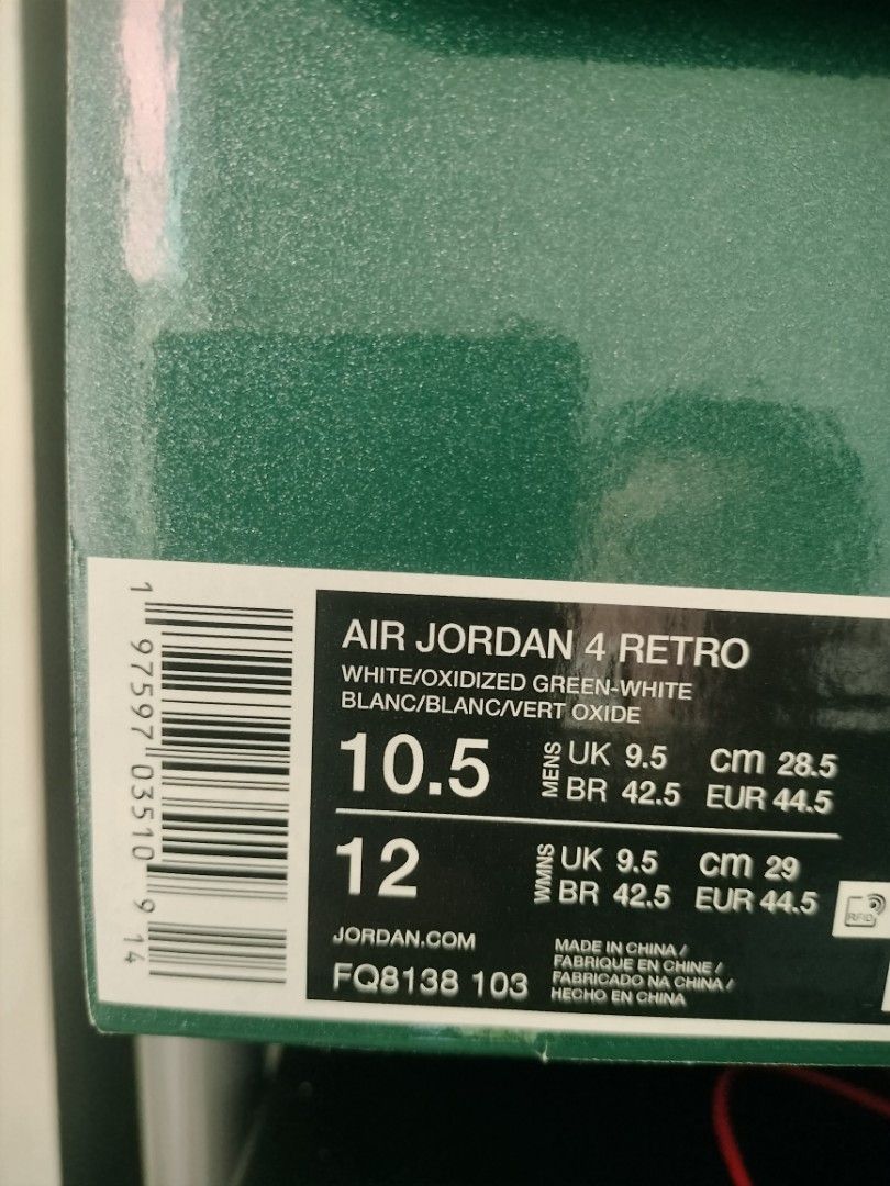 Air Jordan 4 Retro oxidized green (Category: Sneakers) located in Manila. Submitted by michaelivancha (Listing ID 1398036586, Image 2). Description: Nike air Jordan 4 oxidized green All original 100% legit size 10.5 u. s. We'll use max Twice used! Bought @ Titan Molino Selling for P5,500 only FYI: selling because I was stroke and can't use with rubber shoelace #0915-8279338 or pm me. Ty.