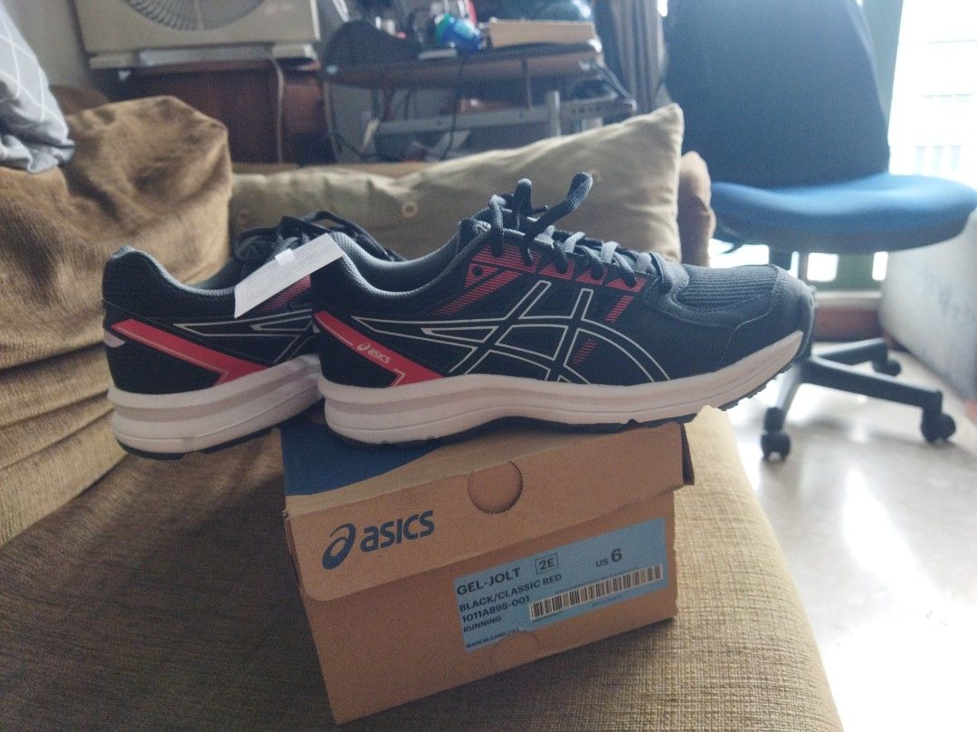 Asics Gel Jolt Running Shoes US 6 (Category: Sneakers) located in Singapore. Submitted by lornie (Listing ID 1398006934, Image 2). Description: - Brand new Asics Gel-Jolt running shoes - Color: Black and red - US size 6 - Includes original box and tags - Never been worn - Suitable for running and everyday wear.