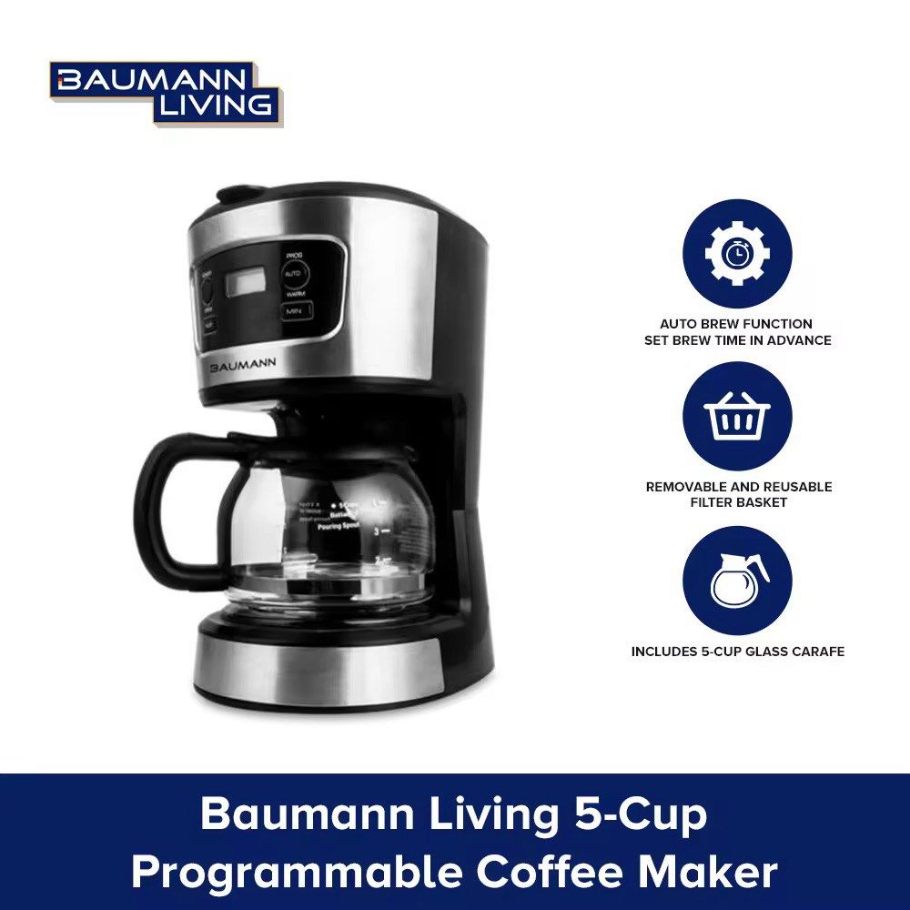 Baumann Living 5-Cup Programmable Coffee Maker (Category: Coffee Machines & Makers) located in Taguig. Submitted by gownforrentph (Listing ID 1398110696, Image 1). Description: - Baumann Living 5-Cup Programmable Coffee Maker - Auto-brew function for scheduled brewing - Includes a removable and reusable filter basket - Comes with a 5-cup glass carafe - Enjoy fresh coffee with ease!.