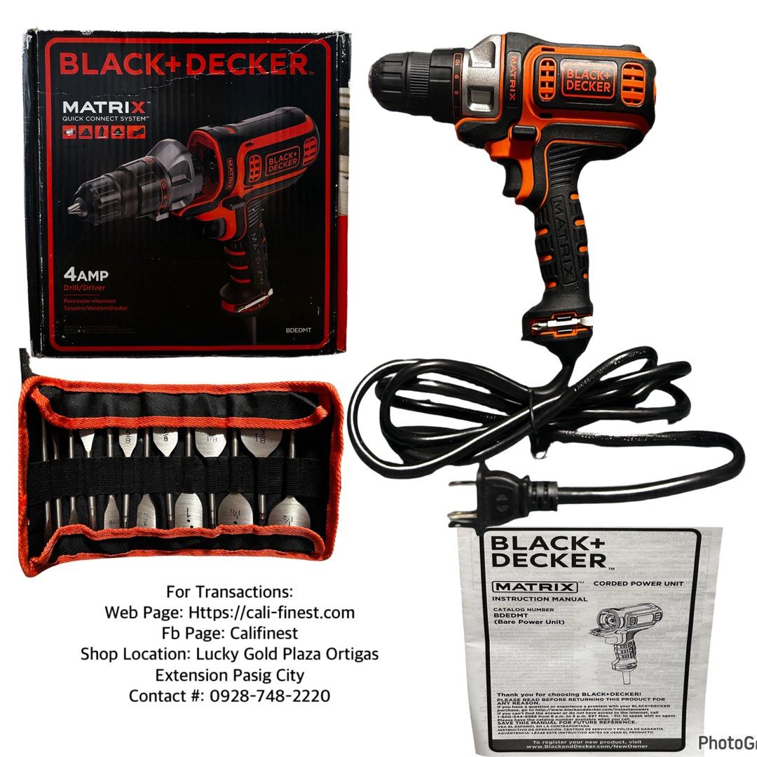 Black + Decker Electric Drill, 3/8-Inch, 4-Amp BDEDMT (Category: Construction Tools & Equipment) located in Pasig City. Submitted by califinestcollectibles (Listing ID 1398025921, Image 1). Description: Black + Decker Electric Drill, 3/8-Inch, 4-Amp BDEDMT PT#72 MATRIX™ quick connect system allows for tool-free change of a variety of tool attachments Powerful 4 Amp motor provides enough power for a full range of applications + attachments Compact