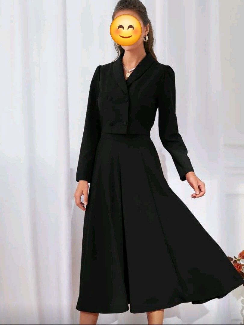 Black Blazer Dress (Category: Dresses) located in Manila. Submitted by tealmint (Listing ID 1398030767, Image 1). Description: - Elegant black blazer dress - Features a tailored blazer top - Long sleeves - Flared midi skirt - Classic collar - Button details - Perfect for formal events - Sophisticated look - Versatile piece -Best fit XL 33-34 Waist -Used Twice.