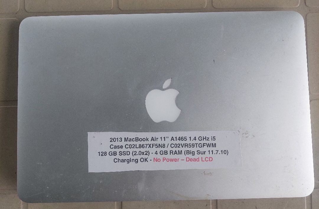 DEFECTIVE 2013 MacBook Air 11" A1465 (Category: Laptops & Notebooks) located in Tagbilaran City. Submitted by rjv1977 (Listing ID 1363285723, Image 3). Description: DEFECTIVE 2013 MacBook Air 11" 1.3 GHz i5 / 128 GB SSD / 4 GB RAM ISSUES: Unknown / No Power / Defective LCD Battery 1877 Service Recommended Unit ONLY NO CHARGER For Parts Only - Is what it is.