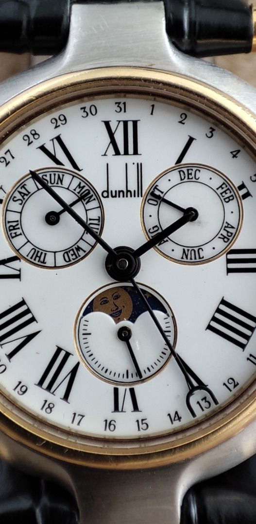 Dunhill Millenium TRIPLE-DATE MOONPHASE Gold-SS 32mm Mid Sized Watch SOLD AS IS (Category: Luxury Watches) located in Manila. Submitted by reloj (Listing ID 1398062940, Image 3). Description: DUNHILL MILLENIUM TRIPLE Calendar "Day - Date - Month" & MOONPHASE QUARTZ White ROMAN NUMERAL Dial GOLD PLATED & Stainless Steel Case & Leather Strap QUARTZ MOVEMENT with DAY, DATE, MONTH & MOONPHASE 32mm MID/BOY SIZED Watch WATCH RUNS BUT STOPS INTERMITTENT