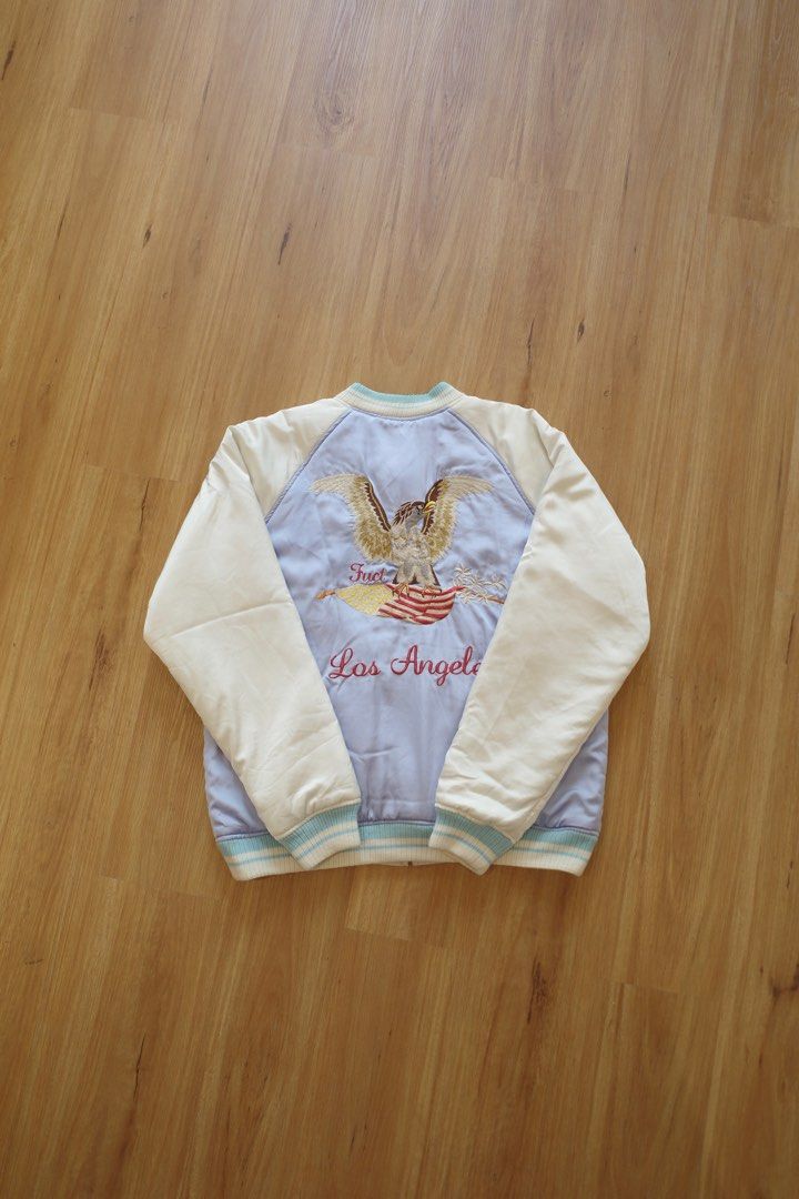 Fuct SSDD Reversible Souvenir Jacket (Category: Coats, Jackets and Outerwear) located in Quezon City. Submitted by rinse___repeat (Listing ID 1322354269, Image 2). Description: FUCT SSDD Reversible Souvenir Jacket Serving up two jackets in one design, FUCT SSDD’s take on the Souvenir Jacket features a satin construction with an embroidered eagle design to the chest of one side, whilst the alternative side features the brand’s logo embroidered in 