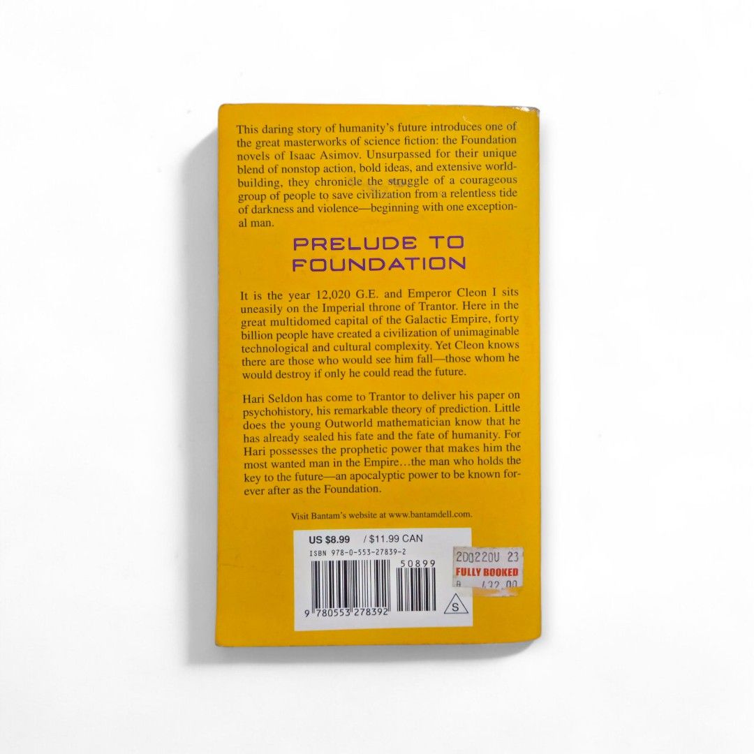 Isaac Asimov Prelude to Foundation (Category: Storybooks) located in Manila. Submitted by womensphstuff (Listing ID 1396150576, Image 2). Description: 180 only! Grab it now ❤️ Fully booked price: 530 - Isaac Asimov's "Prelude to Foundation" book. - Part of The Foundation Novels series. - Eye-catching purple and yellow cover. - Cover art showcases a futuristic scene. - Perfect for science fiction collectors..