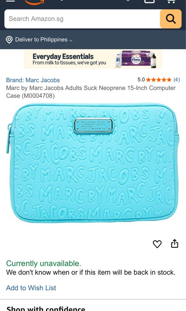 Marc Jacobs laptop case (001B) (Category: Laptop Bags & Sleeves) located in General Santos City (Dadiangas). Submitted by curatedstuffs101 (Listing ID 1398039758, Image 1). Description: Overall condition of the item is in great condition however there is a slight chipping on the zipper.pls refer to the last photo attached. Lighweight Neoprene in fabric Color: turquoise .