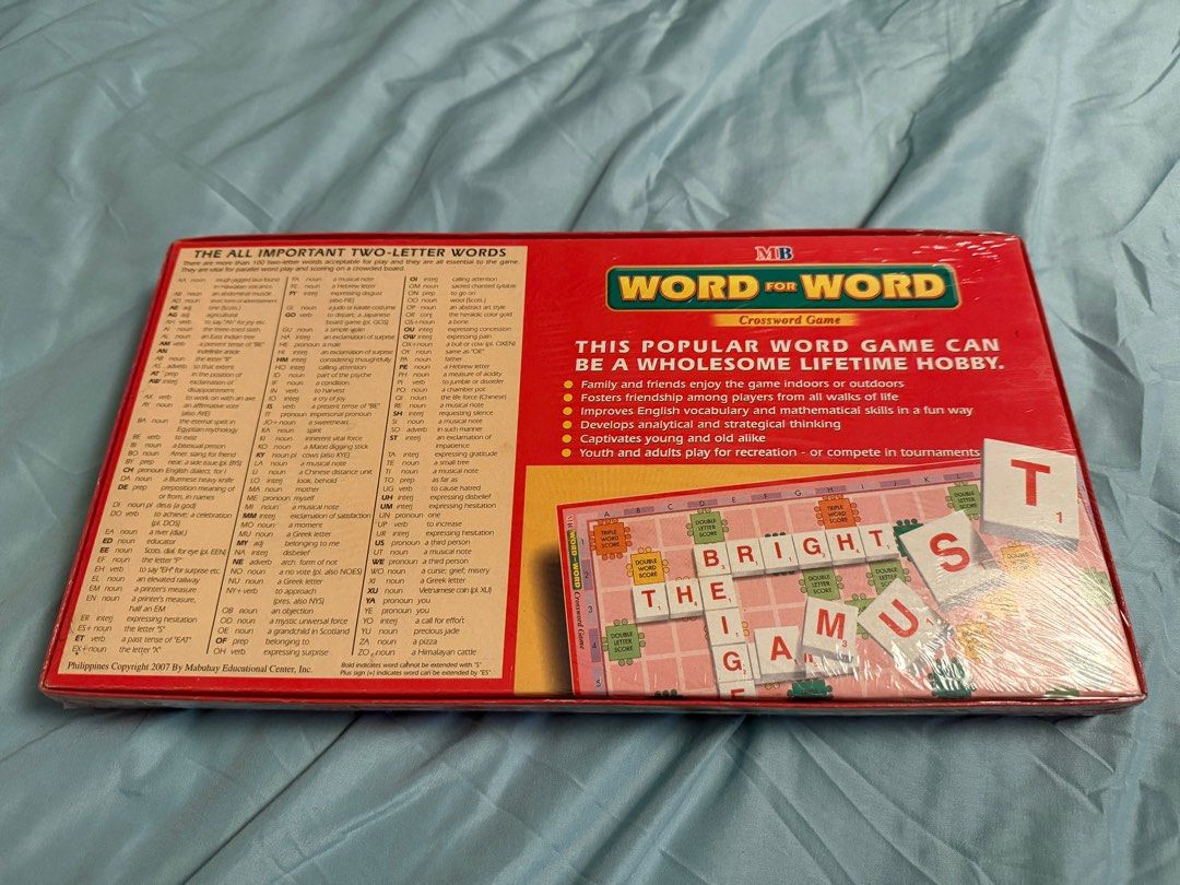 MB Word for Word Crossword Game (Category: Board Games & Puzzles) located in Manila. Submitted by 6urns (Listing ID 1398037299, Image 2). Description: - Word for Word crossword game by MB. - Fun for family and friends. - Improves English vocabulary and math skills. - Includes plastic letter tiles and letter racks. - Suitable for youth and adults. - Great for indoor or outdoor play..