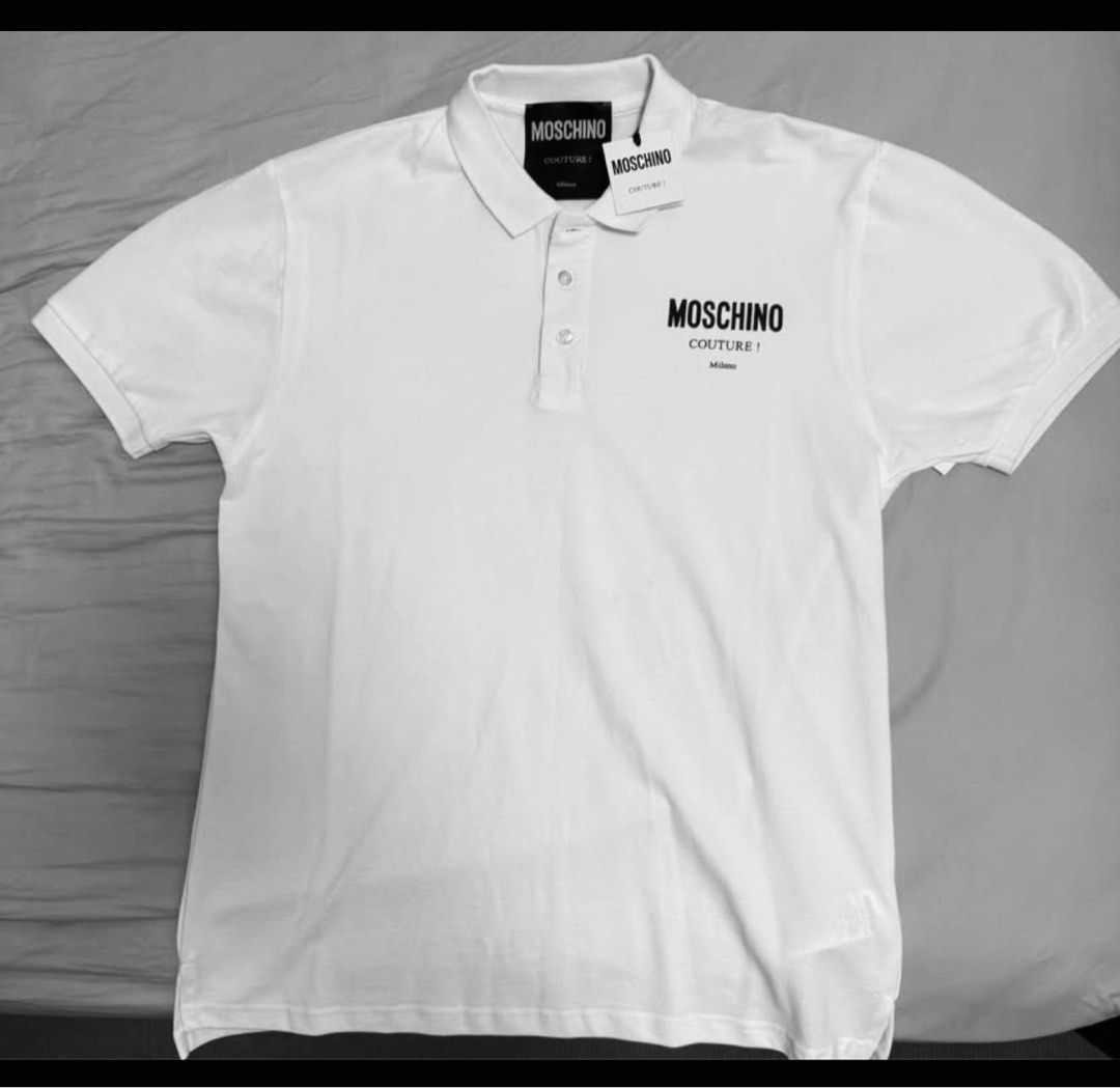 Moschino Couture Polo Shirt (Category: Tshirts & Polo Shirts ) located in Manila. Submitted by adanielbm (Listing ID 1398146546, Image 1). Description: - White Moschino Couture polo shirt - Features Moschino logo on the chest - Classic collar and three-button placket - Short sleeves - Made in Italy - Includes original tag.