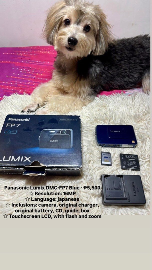 Panasonic Lumix DMC-FP7 Blue (Category: Cameras) located in Paranaque City. Submitted by merakionlineshop (Listing ID 1397988471, Image 1). Description: Panasonic Lumix DMC-FP7 Blue - ₱5,500 ☆ Resolution: 16MP ☆ Language: japanese ☆ Inclusions: camera, original charger, original battery, CD, guide, box ☆ Touchscreen LCD, with flash and zoom.