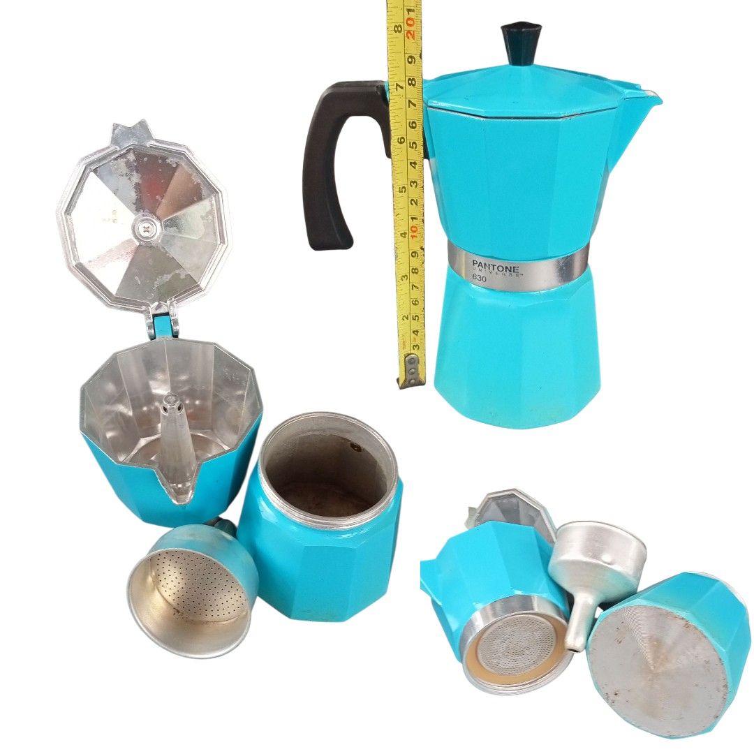 Pantone Universe 630 Mokapot (Category: Coffee & Tea Tableware) located in Makati City. Submitted by meowmyella (Listing ID 1398036982, Image 2). Description: ☕Pantone Universe 630 Moka pot, a stovetop coffee maker. The coffee pot is a 6-cup model in the color Vintage Blue 630. It is made of aluminum and is suitable for use on gas, electric, and radiant heat sources. The product is not suitable for dishwashers, microwaves, or induction hobs. The 
