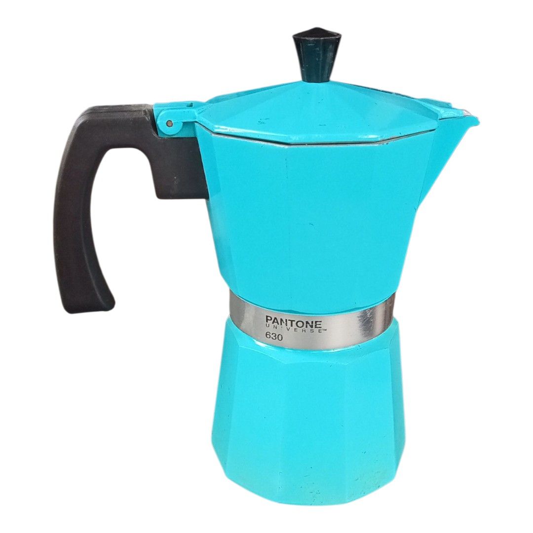 Pantone Universe 630 Mokapot (Category: Coffee & Tea Tableware) located in Makati City. Submitted by meowmyella (Listing ID 1398036982, Image 1). Description: ☕Pantone Universe 630 Moka pot, a stovetop coffee maker. The coffee pot is a 6-cup model in the color Vintage Blue 630. It is made of aluminum and is suitable for use on gas, electric, and radiant heat sources. The product is not suitable for dishwashers, microwaves, or induction hobs. The 