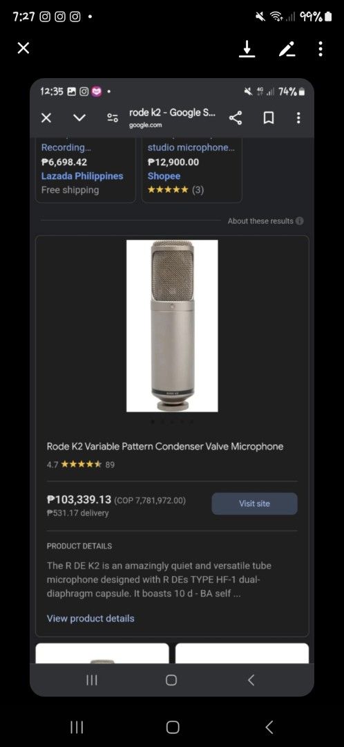 Rode K2 Variable Pattern Condenser Valve Microphone (Category: Microphones) located in Manila. Submitted by jungleefindss (Listing ID 1398076222, Image 1). Description: - Rode K2 tube microphone - Dual-diaphragm capsule - Ideal for studio recording - Comes with a stand and pop filter - Suitable for home studio use.