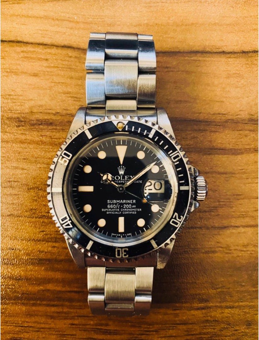 Rolex 1680 Submariner (Category: Luxury Watches) located in Santa Rosa. Submitted by zweljie (Listing ID 1398042256, Image 3). Description: For sale or trade: Rolex Submariner 1680, from 1978. Watch only, patina on hands and dial match, as well as on the lume pip. Comes with 93150 bracelet with correct 580 end pieces. Mark I dial, with a unique crescent moon patona on the indices. Condition is 8.5/10. Works perfectly and keeps good time. Asking 7