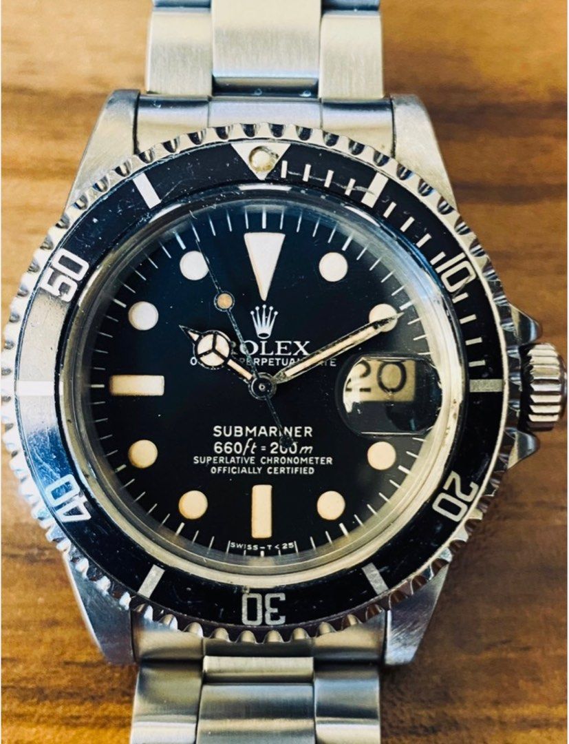 Rolex 1680 Submariner (Category: Luxury Watches) located in Santa Rosa. Submitted by zweljie (Listing ID 1398042256, Image 2). Description: For sale or trade: Rolex Submariner 1680, from 1978. Watch only, patina on hands and dial match, as well as on the lume pip. Comes with 93150 bracelet with correct 580 end pieces. Mark I dial, with a unique crescent moon patona on the indices. Condition is 8.5/10. Works perfectly and keeps good time. Asking 7