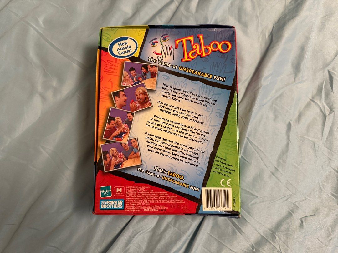 Taboo Board Game by Parker Brothers (Category: Board Games & Puzzles) located in Manila. Submitted by 6urns (Listing ID 1398037472, Image 2). Description: - Taboo board game for ages 12+. - Designed for 6 or more players. - Includes Aussie cards. - Contains 336 Taboo cards. - Comes with a timer, score pad, and instructions. - Made by Parker Brothers..