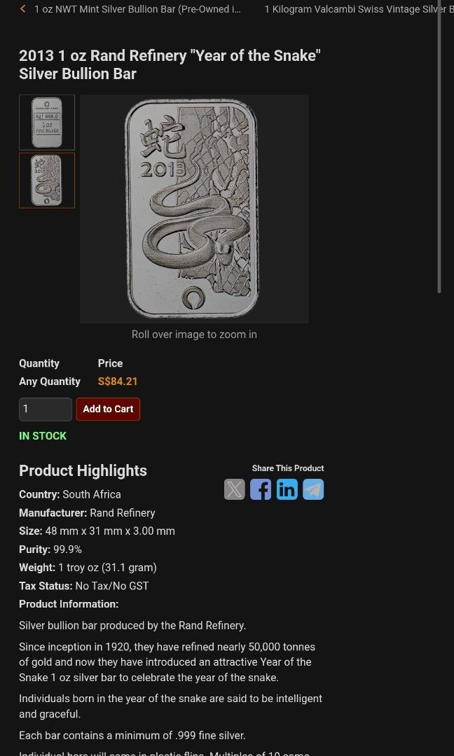 2013 Silver Snake Bar Rand Refinery LBMA 1oz 9999 Pure Silver Ag CHEAPEST (Category: Currency) located in Singapore. Submitted by twsp_ (Listing ID 1397814270, Image 3). Description: 2013 Rand Refinery Silver Year of the Snake Bar 1Oz Pure Silver LBMA Certified Refinery Good for Collection or Investment CHEAPEST ON MARKET, fixed price PM for more info Tracked Postage available for additional $3.