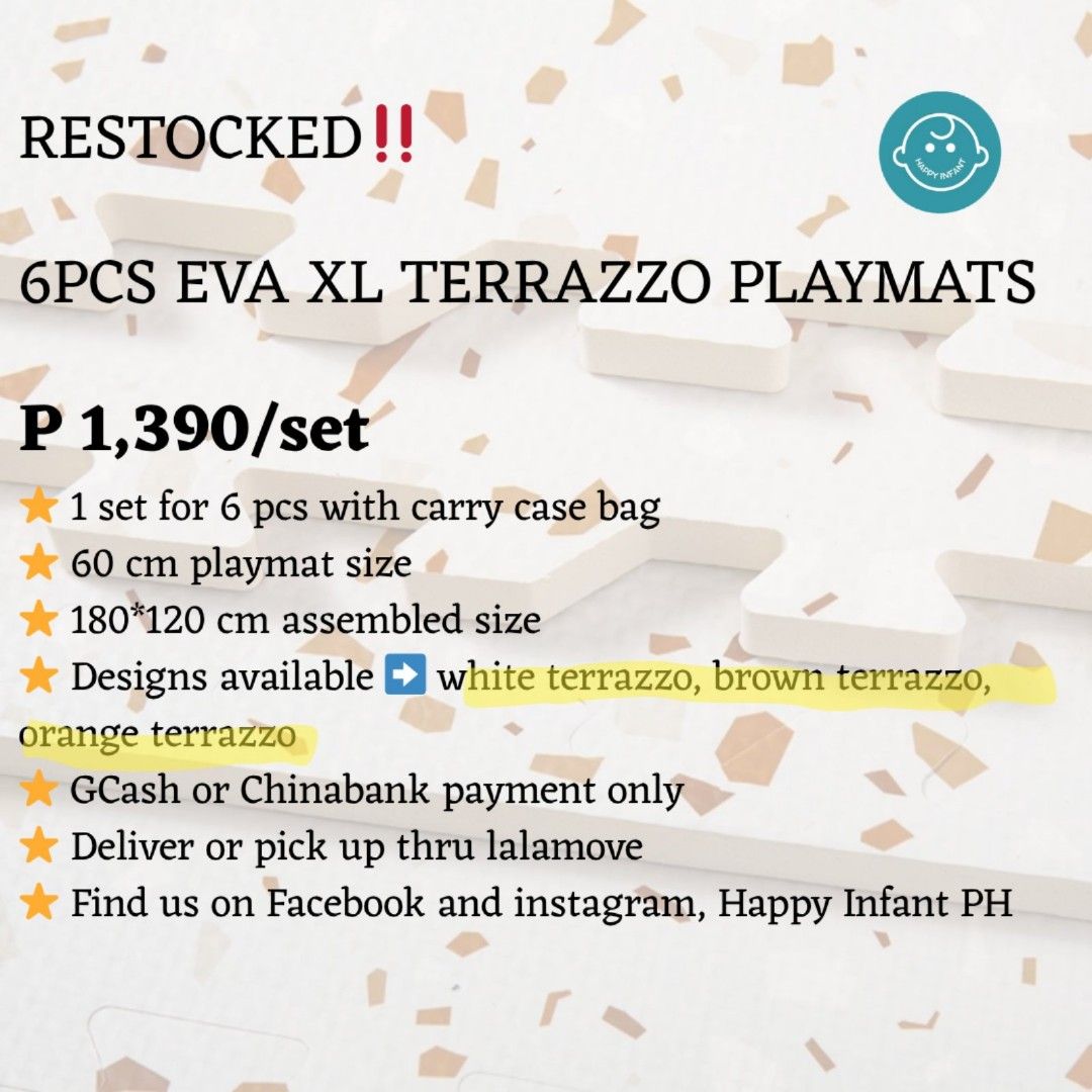 6PCS EVA XL Terrazzo Playmats (Category: Infant Playtime) located in Manila. Submitted by katocampo (Listing ID 1398263006, Image 3). Description: RESTOCKED! 6pcs / 1 set EVA XL TERRAZZO KIDS PLAYMAT P1,390/ SET 🧩 60 cm playmat 🧩 180*120 cm assembled size 🧩 1.2 cm thickness 🧩 Designs available: white terrazzo, brown terrazzo, orange terrazzo 🧩 GCash or Chinabank Transfer only 🧩 Deliver or pickk up thru lalamove 📍 Mayhaligue St. Sta. Cruz, 