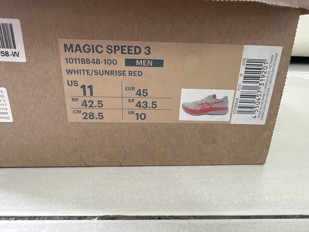 Asics Magic Speed 3 - White/Sunrise Red - US 11 (Category: Sneakers) located in Singapore. Submitted by dickson927 (Listing ID 1398171986, Image 2). Description: - Asics Magic Speed 3 running shoes - US size 11 - Color: White and sunrise red - Includes original box.