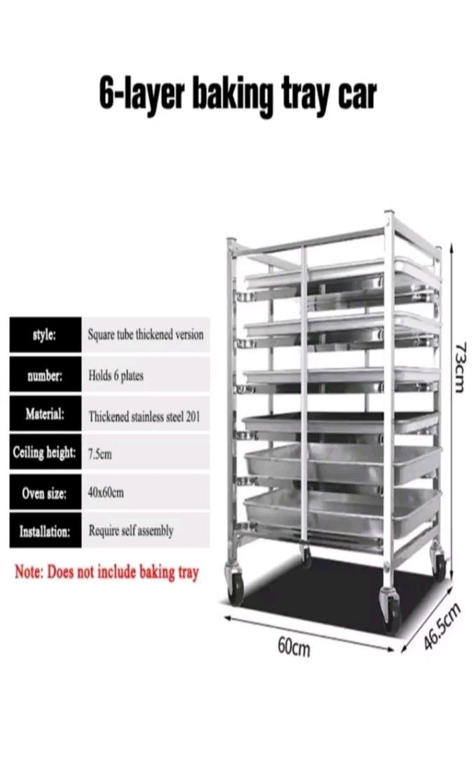 Baking Tray Cart - 12 Layer (Category: Bakeware) located in Manila. Submitted by khaigeronimo0421 (Listing ID 1398184521, Image 2). Description: 12-layer baking tray cart made of thickened stainless steel 201. It holds 12 plates and has a ceiling height of 7.5cm. The oven size is 40x60cm. Requires self-assembly. Note: Does not include baking tray. Dimensions: L-60cm x W-46cm x H-134cm. Tray size: 60*40cm. CONDITION: BRAND NEW EP-95: PHP 2,190 (5 