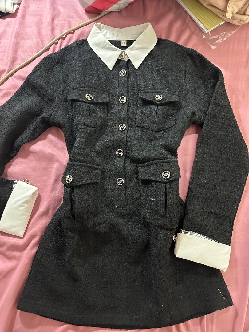 Black Tweed Dress with White Collar (Category: Dresses) located in Marilao. Submitted by chichistuff (Listing ID 1398326096, Image 1). Description: - Black tweed dress - White collar and cuffs - Decorative silver buttons - Functional pockets - Long sleeves - Classic design - Perfect for a sophisticated look.