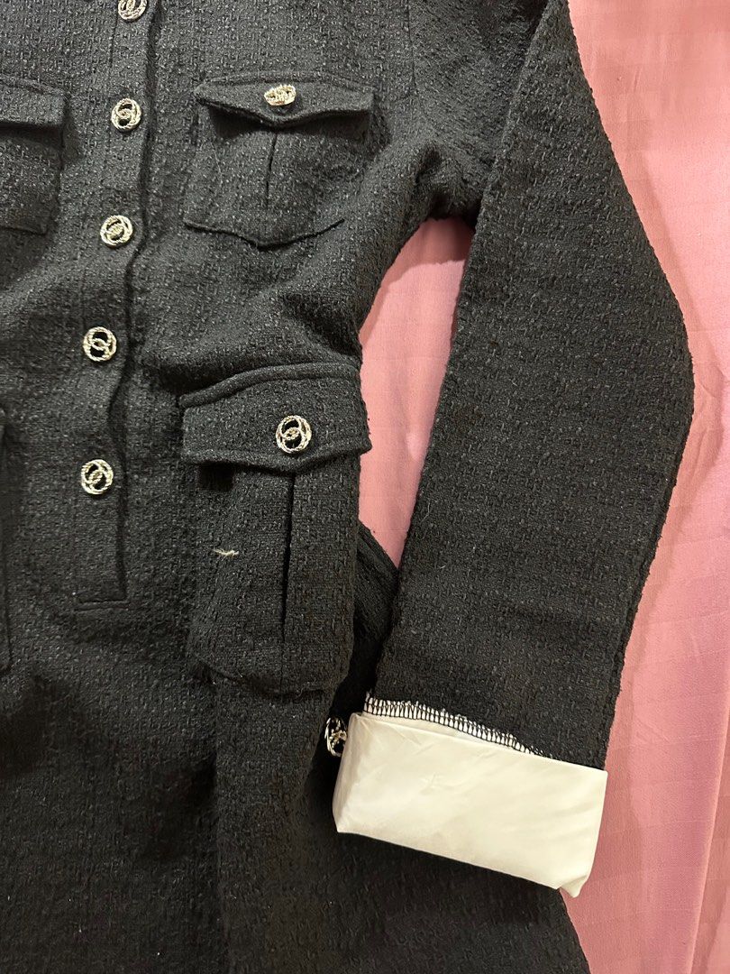 Black Tweed Dress with White Collar (Category: Dresses) located in Marilao. Submitted by chichistuff (Listing ID 1398326096, Image 3). Description: - Black tweed dress - White collar and cuffs - Decorative silver buttons - Functional pockets - Long sleeves - Classic design - Perfect for a sophisticated look.