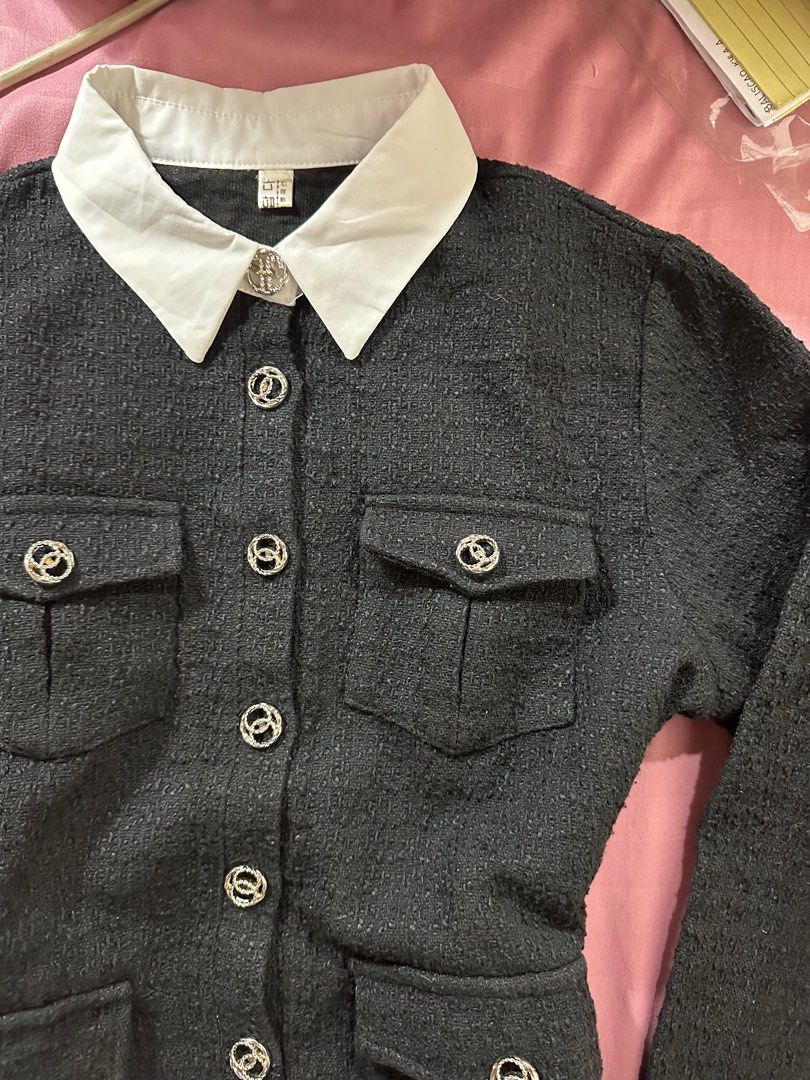 Black Tweed Dress with White Collar (Category: Dresses) located in Marilao. Submitted by chichistuff (Listing ID 1398326096, Image 2). Description: - Black tweed dress - White collar and cuffs - Decorative silver buttons - Functional pockets - Long sleeves - Classic design - Perfect for a sophisticated look.