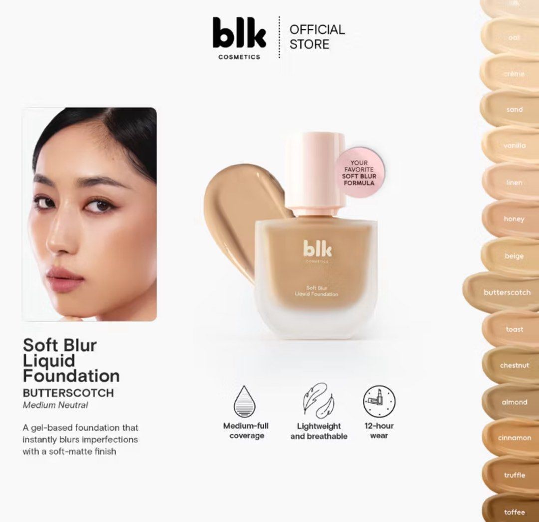 BLK Soft Blur Liquid Foundation Butterscotch (Category: Makeup) located in Manila. Submitted by chwyyy.23 (Listing ID 1398306151, Image 1). Description: 80% yung laman, used only nung nag pageant RFS Dark na sa skin color ko AUTHENTIC .