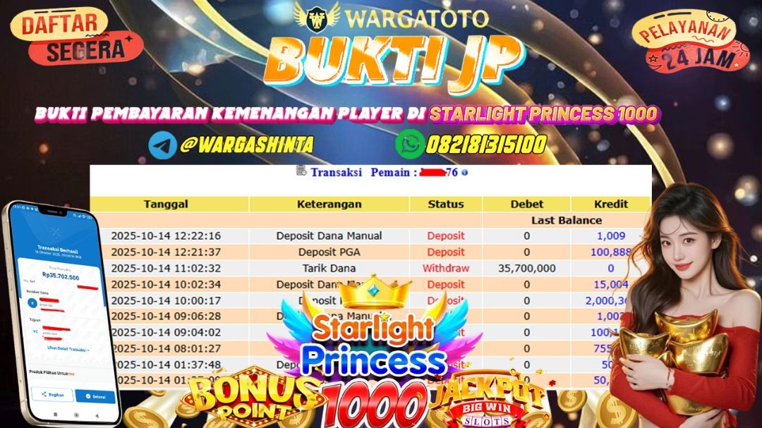 BUKTI JACKPOT WARGATOTO 14 OKTOBER 2025 (Category: Computer Parts & Accessories) located in Jakarta Barat. Submitted by wargatoto_official (Listing ID 1398232348, Image 1). Description: BUKTI JACKPOT WARGATOTO 14 OKTOBER 2025 🎯 Bukti Kemenangan Terbaru di WARGATOTO! 🎯 Hari ini suasana makin ramai karena salah satu member setia dengan ID : b***76 berhasil membawa pulang Rp 35.700.000 dari game STARLIGHT PRINCESS x1000 💥 Main santai, modal teruk