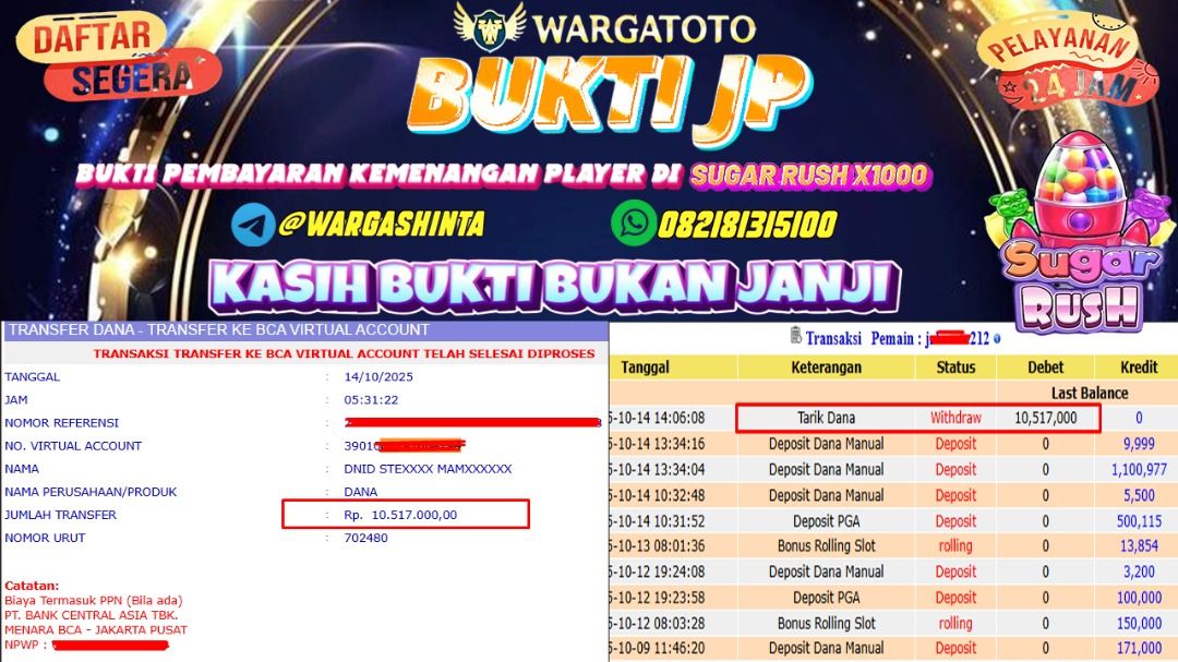 BUKTI JACKPOT WARGATOTO 14 OKTOBER 2025 (Category: Computer Parts & Accessories) located in Jakarta Barat. Submitted by wargatoto_official (Listing ID 1398253994, Image 1). Description: BUKTI JACKPOT WARGATOTO 14 OKTOBER 2025 🎯 Bukti Kemenangan Terbaru di WARGATOTO! 🎯 Hari ini suasana makin ramai karena salah satu member setia dengan ID : b****212 berhasil membawa pulang Rp 10.517.000 dari game SUGAR RUSH x1000 💥 Main santai, modal terukur, ta