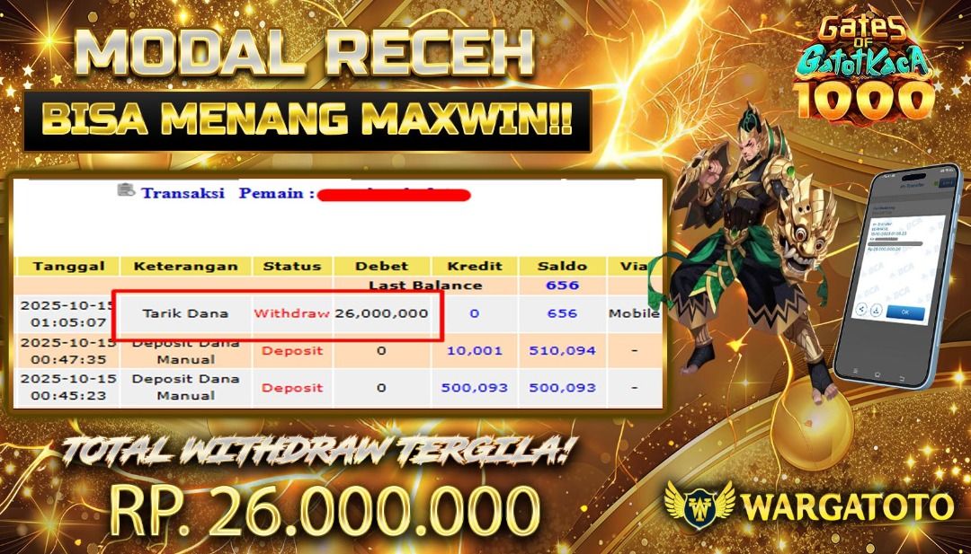 BUKTI JACKPOT WARGATOTO 15 OKTOBER 2025 (Category: Accessories) located in Jakarta Barat. Submitted by wargatoto_official (Listing ID 1398343243, Image 1). Description: Bukti Kemenangan Terbaru di WARGATOTO! 🎯 Hari ini suasana makin ramai karena salah satu member setia dengan ID : g***r***s**1 berhasil membawa pulang Rp 26.000.000 dari game GATES OF GATOT KACA x1000 💥 Main santai, modal terukur, tapi hasilnya benar-benar spektakuler! Game satu 
