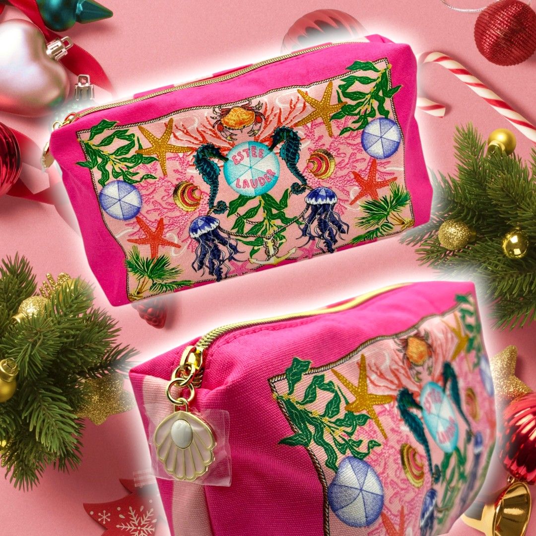 Estee Lauder Cosmetic Pouch (Category: Makeup) located in Dumaguete. Submitted by whitestallion888 (Listing ID 1398254262, Image 1). Description: - Features sea creatures and "Live Laugh Love" - Pink exterior - Gold zipper - Shell charm - Perfect for makeup and essentials - Stylish and functional -this item might have stains that are a little visible 🌸Bought from China factory manufacturing GWP items 🌸"GWP items" refers to products offered unde