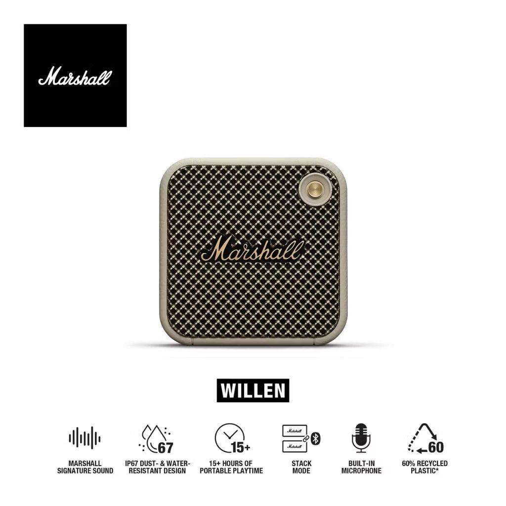 Marshall Willen Portable Bluetooth Speaker (Category: Soundbars, Speakers & Amplifiers) located in Lipa City. Submitted by kenikenji (Listing ID 1398301350, Image 3). Description: - Used once - Marshall Willen Portable Bluetooth Speaker - Signature Marshall Sound - IP67 Dust and Water-Resistant - 15+ Hours of Portable Playtime - Built-in Microphone - Stack Mode - Stylish Cream Design Key Features Marshall signature sound - Take any setting from q