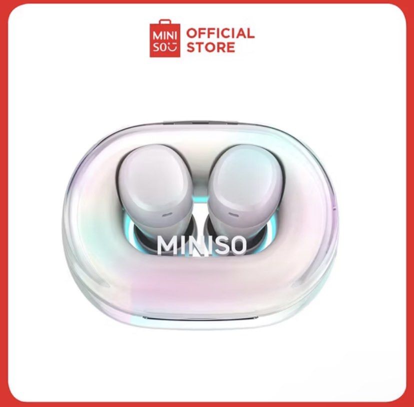 Miniso Wireless Earphones (Category: Earphones) located in Manila. Submitted by _ayish21 (Listing ID 1398326754, Image 1). Description: - Wireless earphones from Miniso. - Transparent, oval-shaped charging case. - White earphones. - "MINISO" brand printed on the case. - Sourced from the Miniso Official Store..