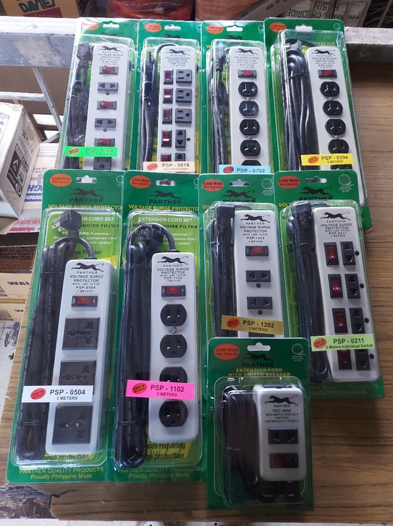 Panther Power Strip Extension Cord (Category: Electrical, Adaptors & Sockets) located in Makati City. Submitted by sacsshop (Listing ID 1398170687, Image 2). Description: Panther Extension Cord Voltage Surge Protector Available Kinds PEC0906 PSP0818 PSP0211 PSP0504 PSP1102 PSP0495 PSP1202 PSP0394 PSP0792 PPD1000 PAT3001 PVP2500 PVP3500 Location: Makati Delivery via Lalamove (Buyer's Expense).