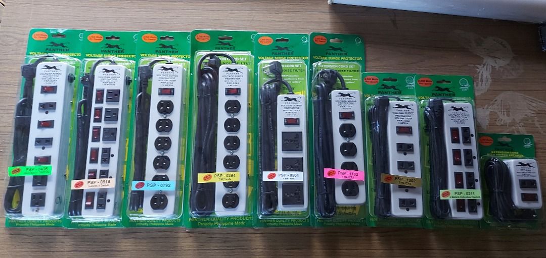 Panther Power Strip Extension Cord (Category: Electrical, Adaptors & Sockets) located in Makati City. Submitted by sacsshop (Listing ID 1398170687, Image 1). Description: Panther Extension Cord Voltage Surge Protector Available Kinds PEC0906 PSP0818 PSP0211 PSP0504 PSP1102 PSP0495 PSP1202 PSP0394 PSP0792 PPD1000 PAT3001 PVP2500 PVP3500 Location: Makati Delivery via Lalamove (Buyer's Expense).