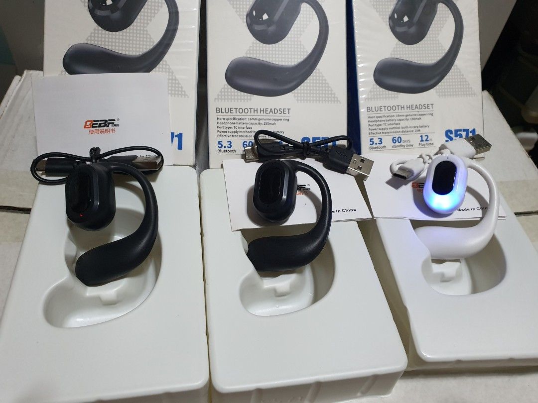 S571 Bluetooth Headset V5.3 (3pcs.) (Category: Headphones & Headsets) located in Caloocan City. Submitted by mack.bay (Listing ID 1398329749, Image 1). Description: - S571 Bluetooth Headset - Bluetooth 5.3 - 60mAh Battery - 12mm Speaker - Includes Charging Cable - Includes User Manual - Available Colors: Black, White - Monitoring Version (as indicated on box) - Good for call & music - Ideal for people on the go even Driving, Biking. -Clear sound.