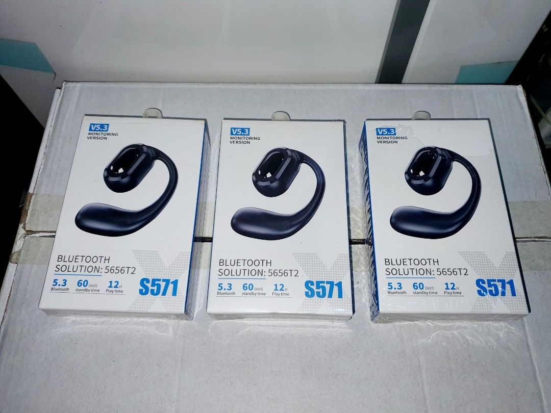 S571 Bluetooth Headset V5.3 (3pcs.) (Category: Headphones & Headsets) located in Caloocan City. Submitted by mack.bay (Listing ID 1398329749, Image 3). Description: - S571 Bluetooth Headset - Bluetooth 5.3 - 60mAh Battery - 12mm Speaker - Includes Charging Cable - Includes User Manual - Available Colors: Black, White - Monitoring Version (as indicated on box) - Good for call & music - Ideal for people on the go even Driving, Biking. -Clear sound.