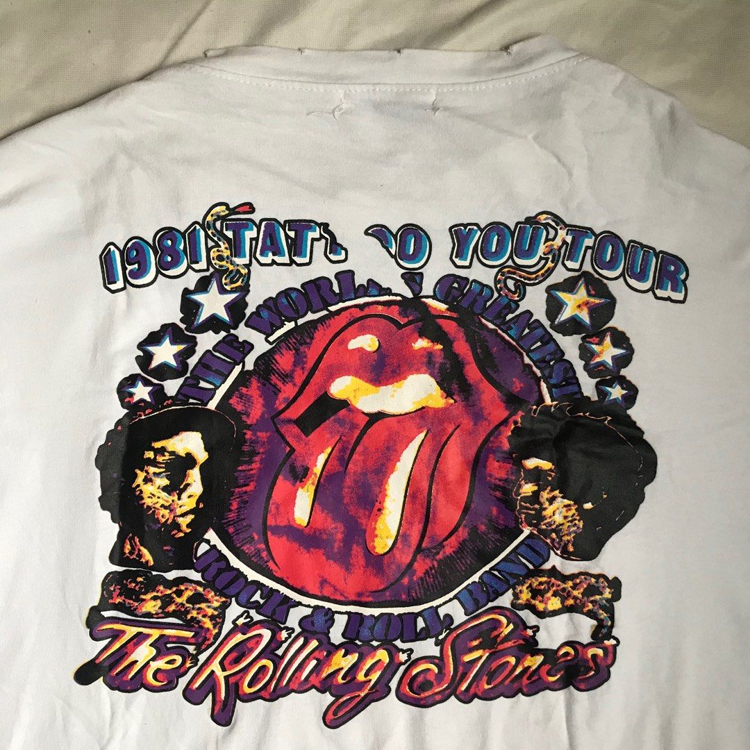 The Rolling Stones 1981 Tour Graphic Tee (Category: Tshirts & Polo Shirts ) located in Marikina City. Submitted by mmoncheri (Listing ID 1398261677, Image 3). Description: - Vintage Rolling Stones t-shirt - Features graphics from the 1981 U.S. Tour - Front: Band members and "1981 U.S. TOUR" text - Back: Iconic tongue logo and "1981 TATTOO YOU TOUR" text - Crew neck - Relaxed Wide fit.